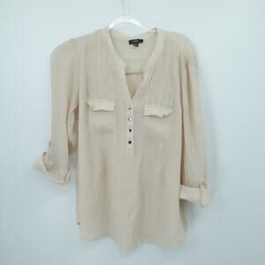 Cocomo Blouse Womens 3x Beige‎ Roll Sleeve Pleated Office Gauze Lightweight